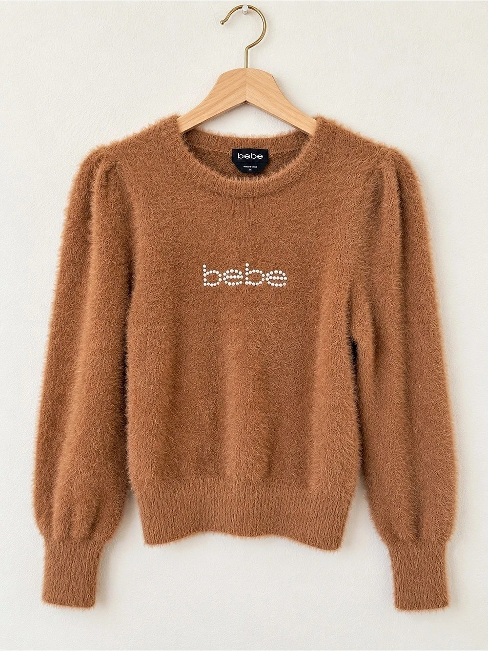 Bebe Y2K Brown Fuzzy Rhinestone Logo Puff Sleeve Sweater M